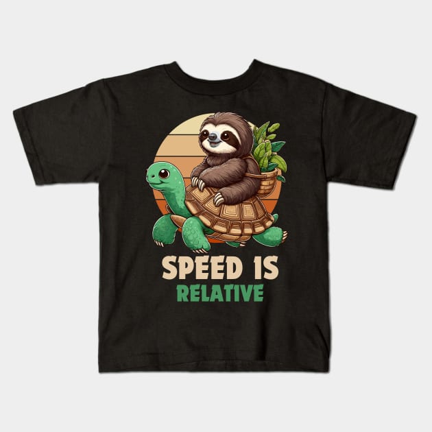 Speed Is Relative - Sloth Riding Turtle Kids T-Shirt by Kawaii N Spice